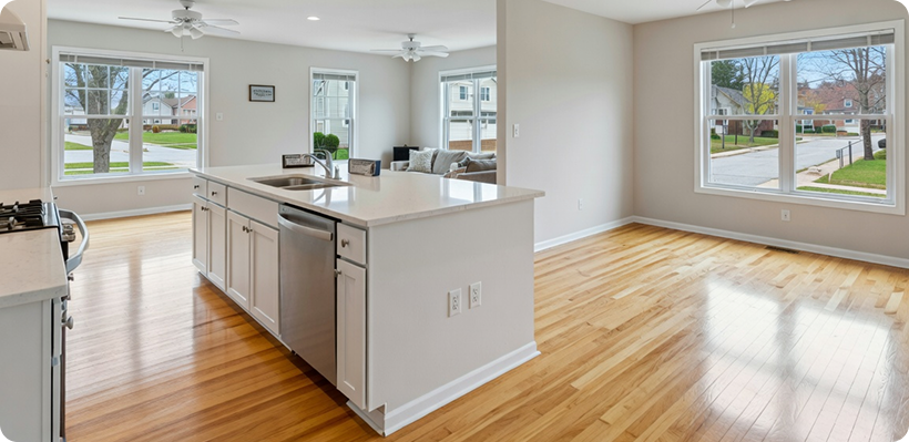Freshly cleaned open-plan kitchen and living room ready for new tenants